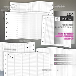 May include: A collection of white paper inserts for planners, featuring various layouts including yearly trackers, checklists, and monthly notes. The inserts are labeled with text such as "Yearly Base Bundle Foldouts" and size options like "Pocket" and "A5".