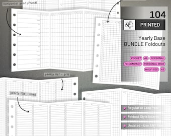 May include: A collection of white paper inserts for planners, featuring various layouts including yearly trackers, checklists, and monthly notes. The inserts are labeled with text such as "Yearly Base Bundle Foldouts" and size options like "Pocket" and "A5".