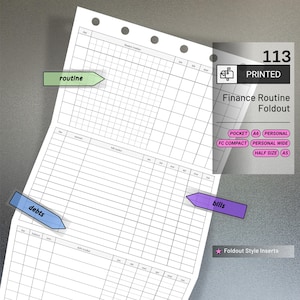 May include: A white printed finance routine foldout with a grid layout for tracking finances. The foldout includes the text "Finance Routine Foldout", "routine", "debts", and "bills". It also includes size options: Pocket, A6, Personal, FC Compact, Personal Wide, and Half Size (A5).