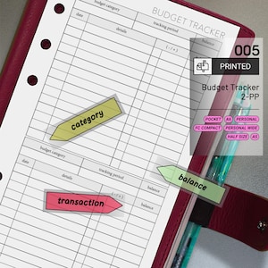 May include: A printed budget tracker sheet with a grid layout, featuring labels like 'date', 'details', and 'tracking period'. Includes colorful sticky notes labeled 'category', 'transaction', and 'balance'. The sheet is inside a red binder.