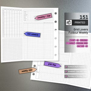 May include: White Grid Lovers Foldout Weekly planner inserts with the text "tracking / logs", "mini schedule", "weekly view", and "grid flap". The inserts include a grid layout and the text "151 PRINTED Grid Lovers Foldout Weekly".