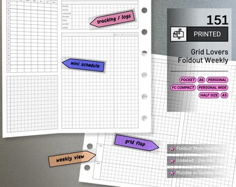 PRINTED 151: Grid Lovers Foldout Weekly w/ Time Blocking, Daily Habit Tracking, Wo1P, Tasks, Notes CHOOSE SIZE