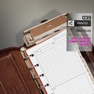 May include: A brown leather binder with a silver clasp, open to a Bible study page. The page is white with a grid pattern and lines for notes. The text "Bible Study" is visible, along with size options: Pocket, A6, Personal, FC Compact, Personal Wide, Half Size, and A5.