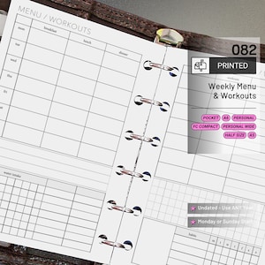 May include: A white planner insert with a weekly menu and workout layout. The insert includes sections for breakfast, lunch, and dinner, with space for daily water intake and habits. The text "Weekly Menu & Workouts" is visible.