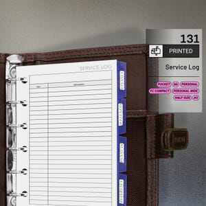 May include: A brown leather binder with a white service log insert. The log has blue tab dividers labeled "Finance", "Wellness", "Peanuts", and "Reference". The binder includes the text "Service Log" and "Printed".