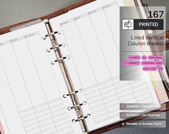 PRINTED 167: Lightly Lined Vertical Column Weekly Wo2P w/ Tasks & Notes CHOOSE SIZE