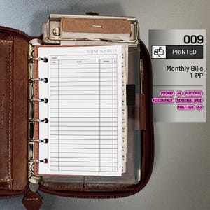 PRINTED 009: Monthly Bills 1PP CHOOSE SIZE