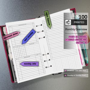 May include: A pink ring-bound planner open to a monthly overview page with white paper, black lines, and grid sections. Includes arrow-shaped labels reading Important dates, mini monthly, monthly bills, and monthly tasks. Text includes 100 PRINTED, Monthly Overview, POCKET, A6, PERSONAL, FC COMPACT, PERSONAL WIDE, HALF SIZE, A5, Undated - Use ANY Year, and Monday or Sunday Start.