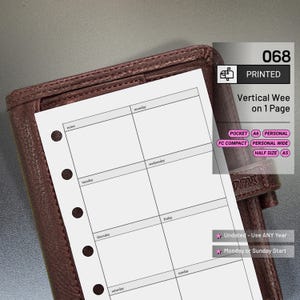 May include: A brown leather planner binder containing a white paper insert with a vertical weekly layout. The insert features a notes section and boxes for Monday through Sunday. Text on the overlay includes 068, Printed, Vertical Wee on 1 Page, and various size options like Pocket, A6, Personal, FC Compact, Personal Wide, Half Size, and A5.