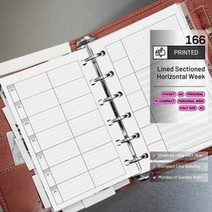 May include: Open planner with a lined, sectioned, horizontal weekly layout. The page is white with gray lines and a metal ring binder. The text on the page reads "Lined Sectioned Horizontal Week". The planner is undated and has compact line spacing.
