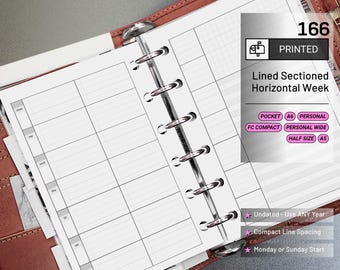 PRINTED 166: Lightly Lined Sectioned Horizontal Weekly Wo1P Wo2P w/ Running Tasks List & Notes CHOOSE SIZE