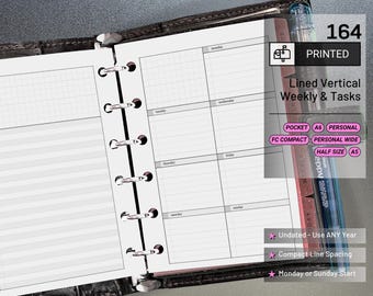 PRINTED 164: Lightly Lined Vertical Weekly Wo1P Wo2P w/ Running Tasks List & Notes CHOOSE SIZE