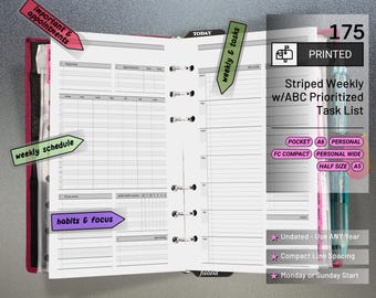 PRINTED 175: Stripes Weekly w/ Prioritized Abc Task List, Small Timed Schedule Wo2P CHOOSE SIZE