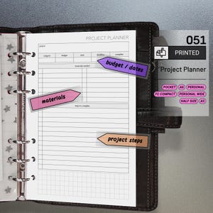 May include: A black leather-bound project planner with a printed page layout. The planner includes sections for project details, budget, deadlines, and materials. Colorful sticky notes label sections like "budget/dates," "materials," and "project steps."