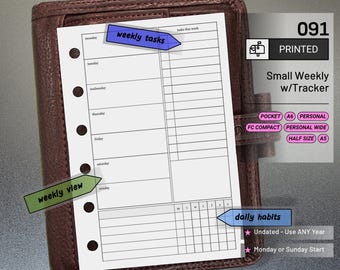 May include: A dark brown leather planner containing a white weekly task insert with six ring-binder holes. The page features a weekly view, a tasks this week column, and a daily habits tracker. Text includes 091, PRINTED, Small Weekly w/Tracker, POCKET, A6, PERSONAL, FC COMPACT, PERSONAL WIDE, HALF SIZE, A5, weekly tasks, weekly view, daily habits, Undated - Use ANY Year, and Monday or Sunday Start.