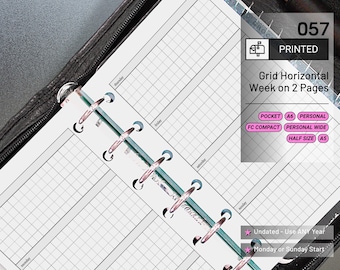 May include: A black leather binder with a grid-style planner insert. The insert is white with a gray grid pattern and has the text "Grid Horizontal Week on 2 Pages". The planner is undated and can start on Monday or Sunday.