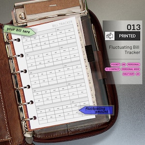 May include: A printed bill tracker sheet inside a brown leather binder. The sheet is labeled "Bill Tracker" and includes sections for tracking monthly bills. The image also includes the text "Fluctuating Bill Tracker" and "Printed".