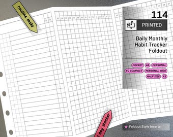 May include: A white, printed daily monthly habit tracker foldout with grid lines. The foldout includes the text "Daily Monthly Habit Tracker Foldout" and "Printed." It has labels for different sizes, including A5 and Pocket. Two sticky notes read "routine tasks" and "1-31 day tracker."