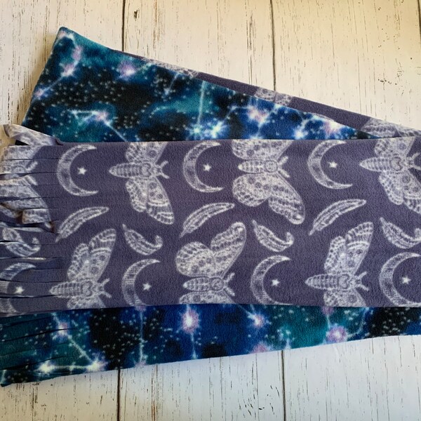 Moths and Feathers, Moon and Stars, Cosmic Constellations, Galaxy, Long Winter Scarves, Fleece Scarf, Cold Weather Gifts, Witchy Gift