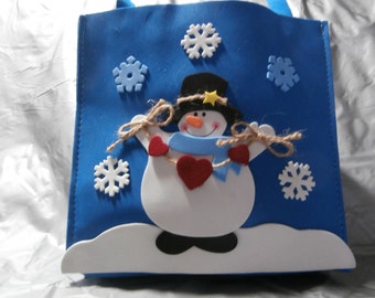 Christmas bag,holiday bag,blue, snowman,tote,gift bag,gift exchange,personalize