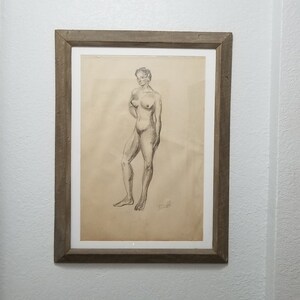 Vintage Abstract James Battle Standing Nude Woman Charcoal On Paper Drawing . image 1