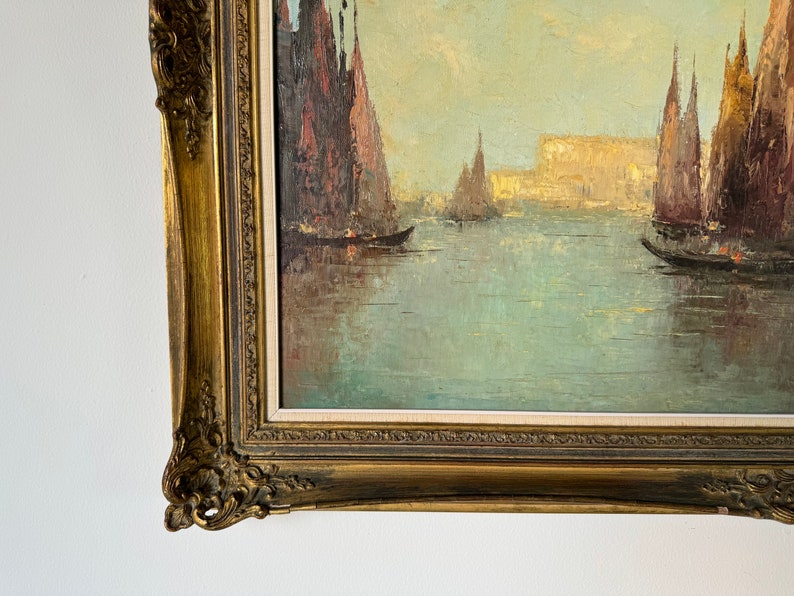 Franz Ambrasath Germany, B. 1907 View in Venice With Gondolas Oil on Canvas Painting, Framed image 3