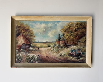 Vintage T. Bende Impressionist Village Landscape Oil Painting on Masonite Board – Framed