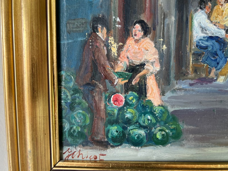 60's Vintage Yenica C. Urban Street Market Scene Impressionist Oil on Canvas Painting, Framed image 9