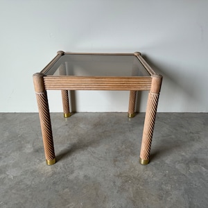 80's Postmodern Cerused Carved Wood Side Table With Glass Top image 1