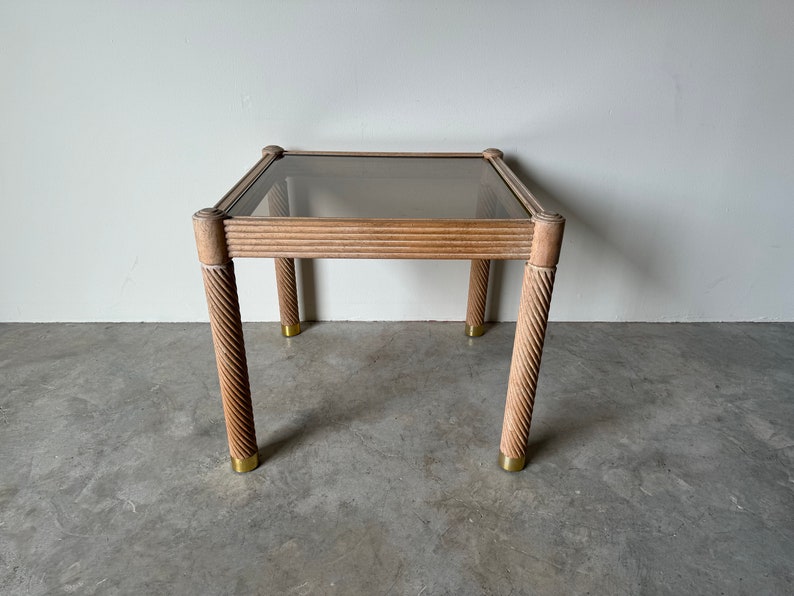 80's Postmodern Cerused Carved Wood Side Table With Glass Top image 1