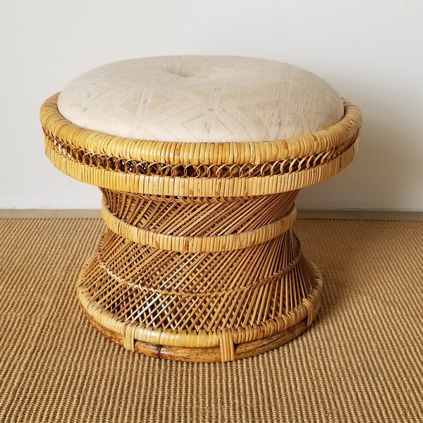 Vintage Boho Chip Woven Wicker Ottoman.