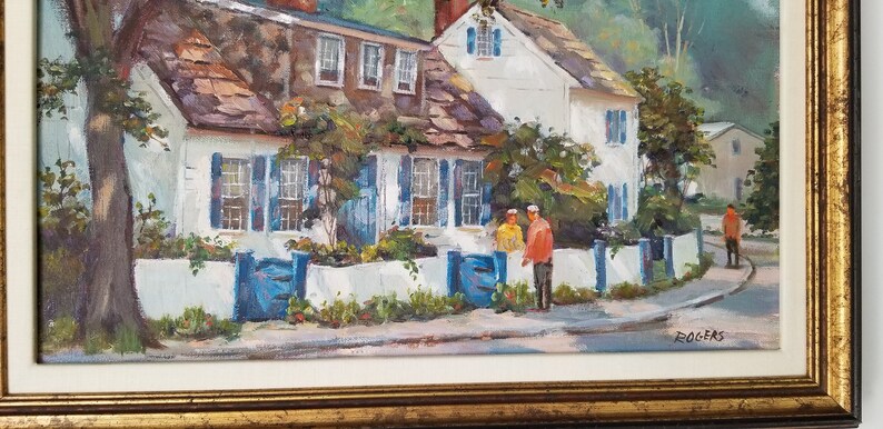 1970s Village Street Scene Oil Painting by Rogers, Framed. image 6