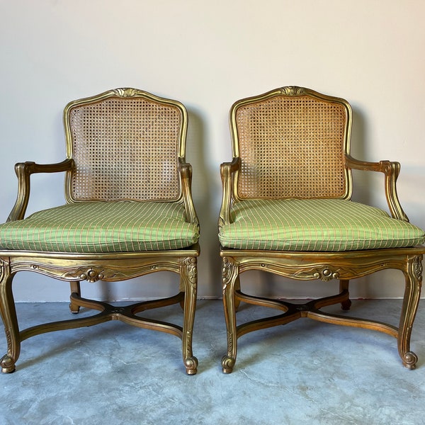 Hollywood Regency French Louis XV - Style Cane Back & Seat Armchairs - a Pair