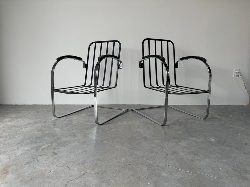 1930s Vintage Kem Weber Deco Chrome Springer Chairs a Pair zdjęcie 1