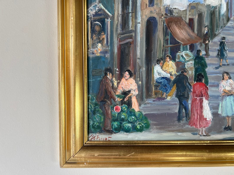 60's Vintage Yenica C. Urban Street Market Scene Impressionist Oil on Canvas Painting, Framed image 6