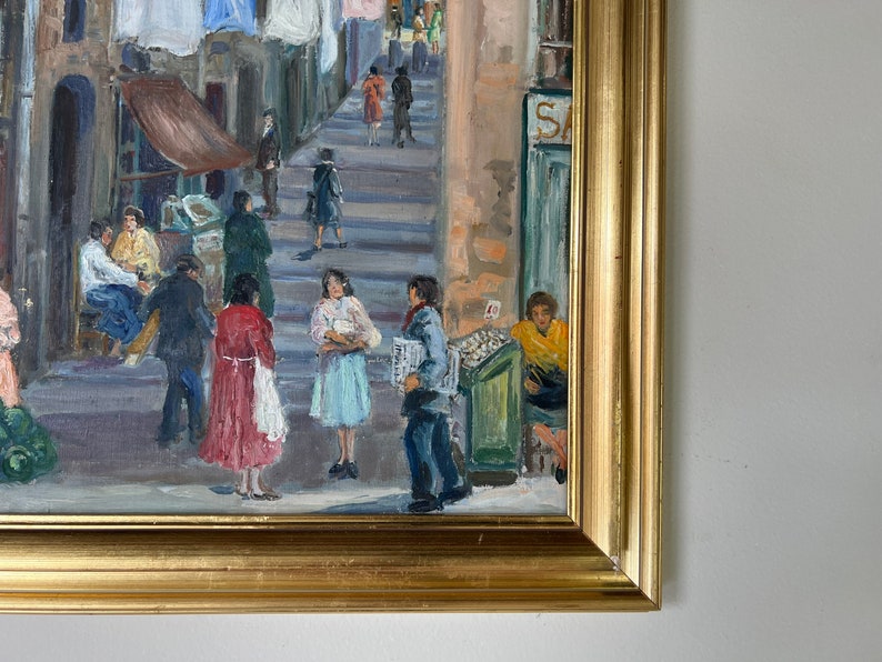 60's Vintage Yenica C. Urban Street Market Scene Impressionist Oil on Canvas Painting, Framed image 8
