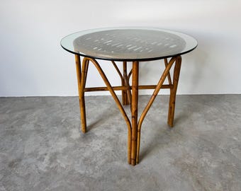 Vintage Coastal Bamboo & Rattan End Table with Glass Top