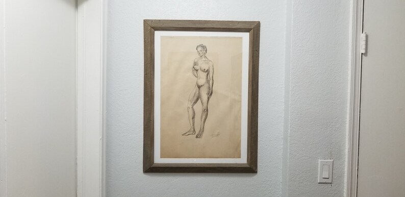 Vintage Abstract James Battle Standing Nude Woman Charcoal On Paper Drawing . image 1