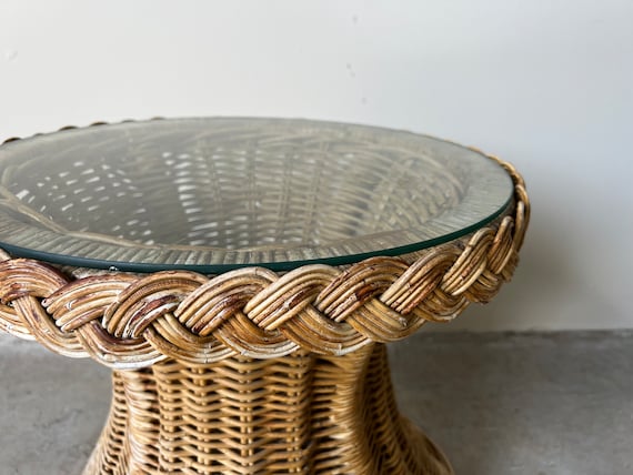 Vintage Wicker Works Braided Rattan Round Side Table W Glass Top Etsy