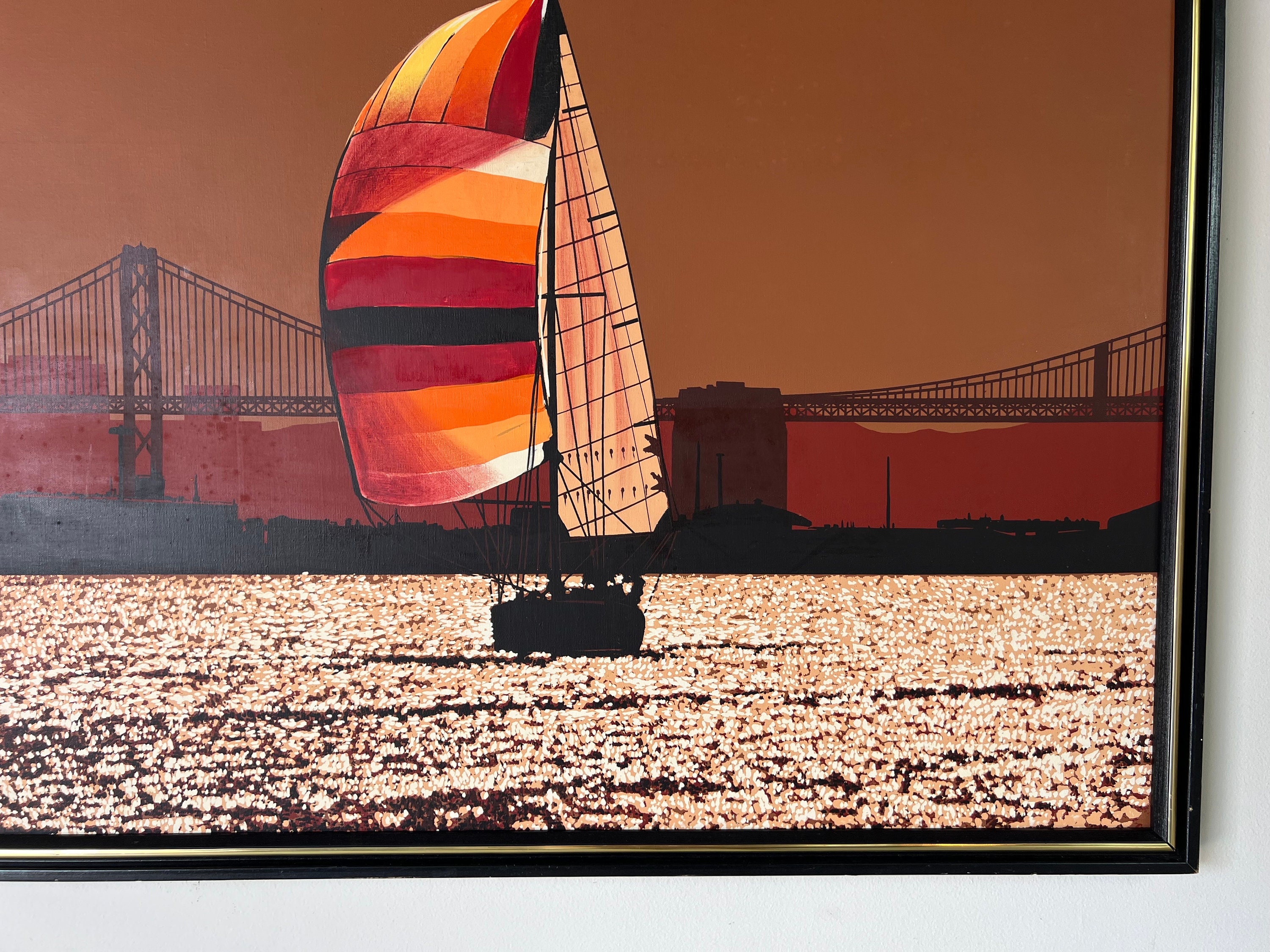 70's Large Letterman San Francisco Bay - Sail Boat Oil Painting
