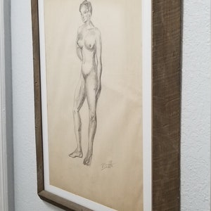 Vintage Abstract James Battle Standing Nude Woman Charcoal On Paper Drawing . image 4