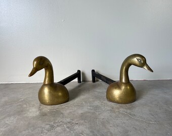 Vintage Heavy Brass Duck Goose Head Andirons Fire Dog Fireplace