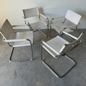 1970's Italian Marcel Breuer White Leather and Tubular Chrome Steel Chairs, Set of 4 image 7