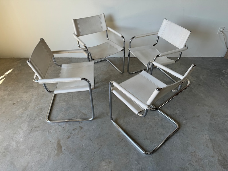 1970's Italian Marcel Breuer White Leather and Tubular Chrome Steel Chairs, Set of 4 image 7