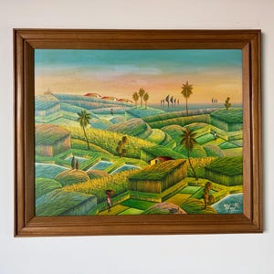 1991 Vintage Haitian Folk Art Landscape Oil Painting by Camille Torchon