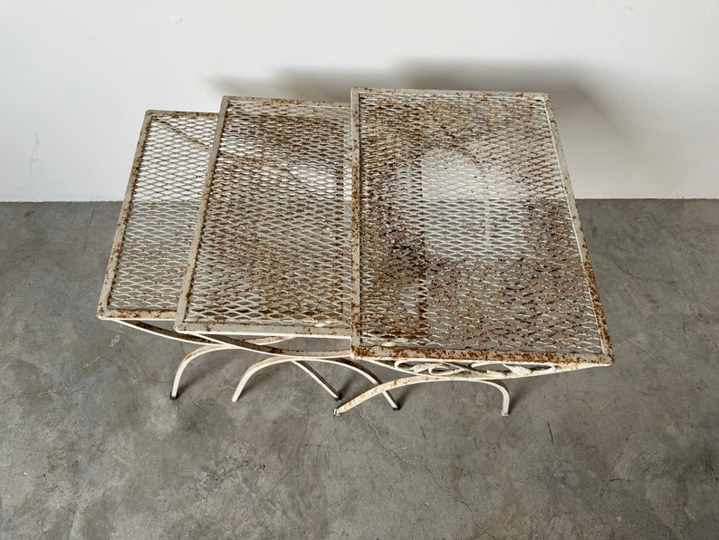 70's Mid-Century Salterini Style Wrought Iron Nesting Patio Side Tables Set Of 3 image 5