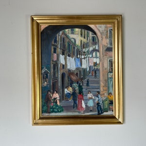 60's Vintage Yenica C. Urban Street Market Scene Impressionist Oil on Canvas Painting, Framed image 1