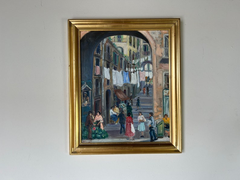 60's Vintage Yenica C. Urban Street Market Scene Impressionist Oil on Canvas Painting, Framed image 1