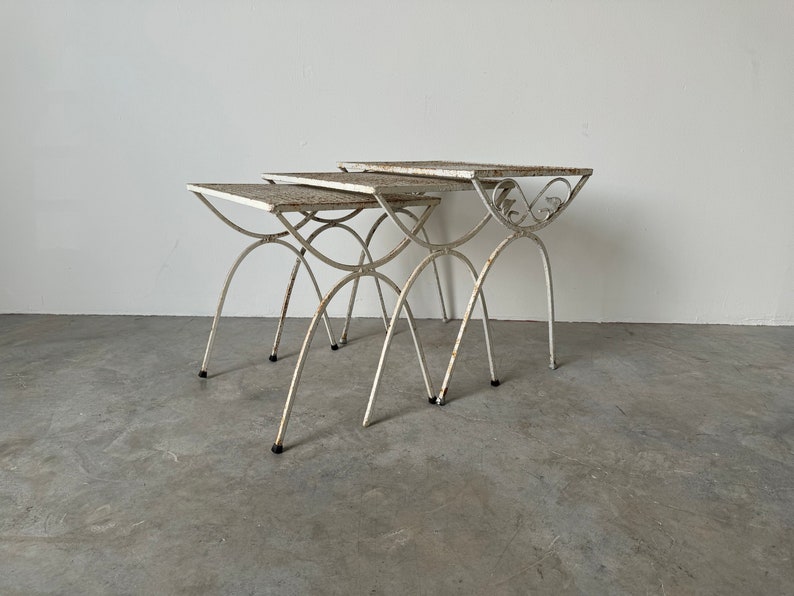 70's Mid-Century Salterini Style Wrought Iron Nesting Patio Side Tables Set Of 3 image 1