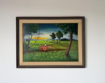 Vintage Victor Chavarría M. Folk Art Spanish Landscape Oil On Canvas Painting, Framed